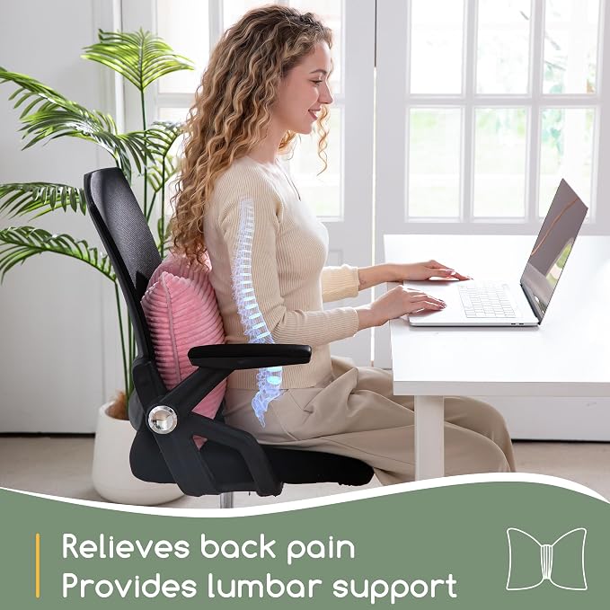 HIGOGOGO Lumbar Support Pillow for Recliner Chair, Bow Knot Shaped Back Support Cushion, Striped Corduroy Soft Decorative Lumbar Pillow for Office Chair, Sofa, Car, Bed, Living Room - Pink