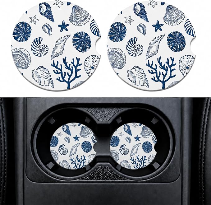 2Pack Car Cup Holder Coasters Absorbent Ceramic Coaster 2.56" for Women & Men Beach Shell Car Accessories
