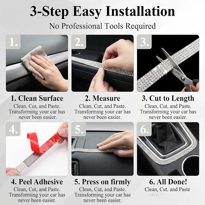 Bling Car Rhinestone Trim, 16.4Ft Self Adhesive Glitter Crystal Car Interior Accessories for Women, Auto Dashboard Line Molding Stickers, Diamond Ribbon Strips Decor for Most Car (White)