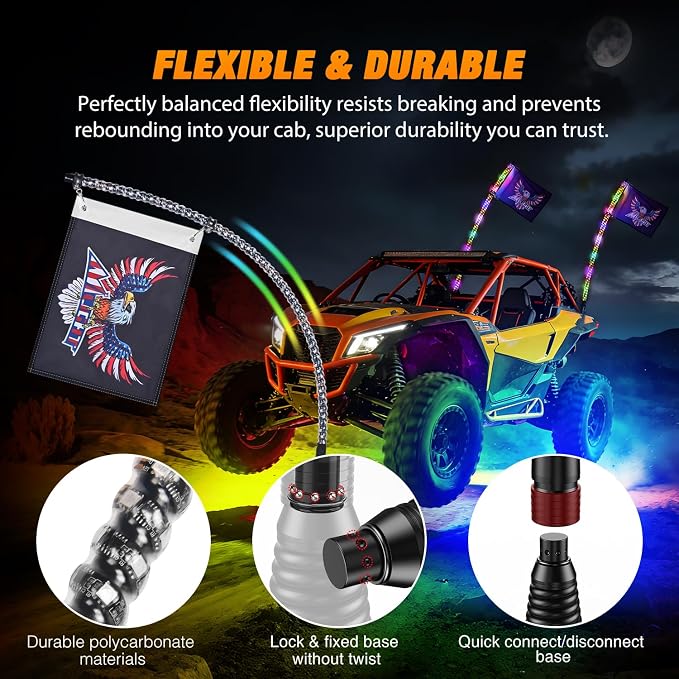 Nilight 2PCS 4FT RGB LED Whip Light with Spring Base and 8 PCS Rock Lights Combo, Remote App Control w/DIY Chasing Patterns Turn Signal Brake Reverse Antenna Lighted Whips for ATV UTV Polaris RZR Jeep