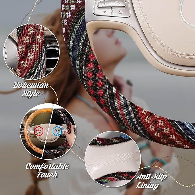 SEG Direct Boho Steering Wheel Cover, Baja Blanket Cloth, Coarse Flax | Bohemian Car Decor, Ethnic Style, Coarse Flax, Fabric Cover Fits 14 1/2-15 1/4 inches Standard Medium Size, for Women Men