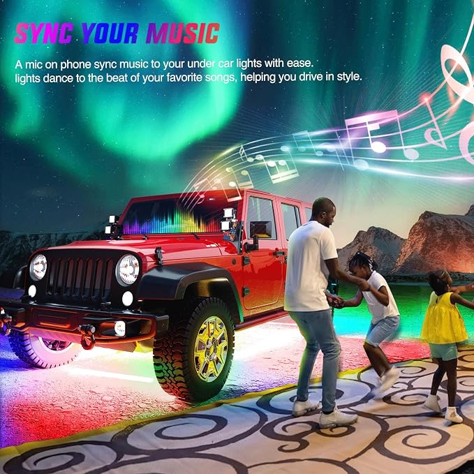 Nilight 4Pcs Car Underglow Neon Accent Strip Lights 256 LEDs RGBIC Multi Color DIY Sound Active Function Music Mode with APP Control and Remote Control Underbody Light Strips, 2 Years Warranty