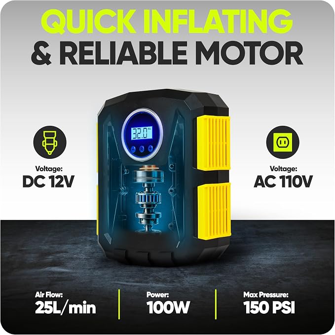 FORTEM Tire Inflator Portable Air Compressor, Air Pump for Car Tires and Bikes, Car Tire Pump w/Auto Shut Off, 150 PSI, 110V AC 12V DC, LED Light, Carrying Case, Perfect For Men, Women