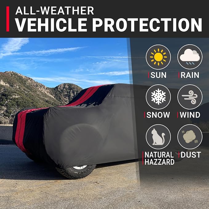 iCarCover Premium Heavy Duty SUV Car Cover - Waterproof All Weather Rain Snow UV Protection, CJ-5, Wrangler, FJ40, Tracker 2-Door, Sidekick 2-Door, Size S56 (See Size Chart), Stripe - Black/Red
