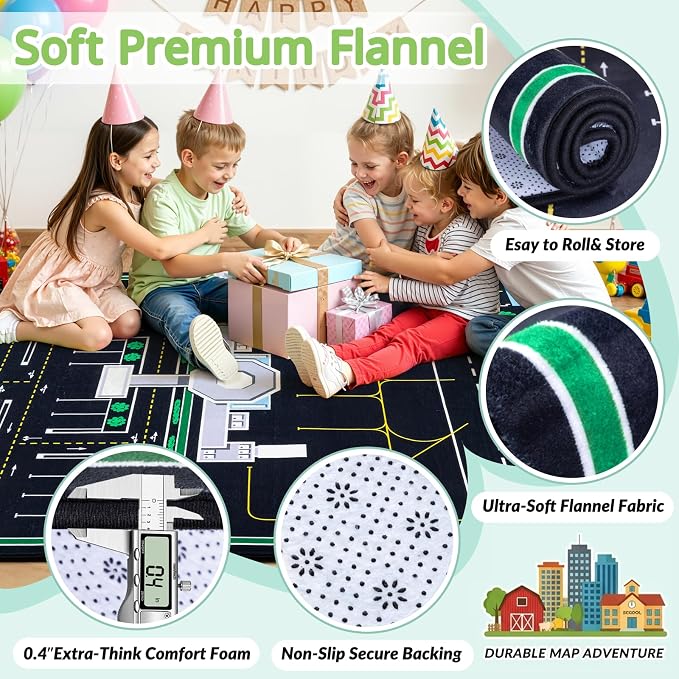 Kids Airport Rug,3 x 5 Ft City Road Play Rug | Extra Thick 0.4 in Soft Non-Slip Car Carpet Play Rug with Realistic Airport Roads for Toy Cars, Bedroom & Playroom