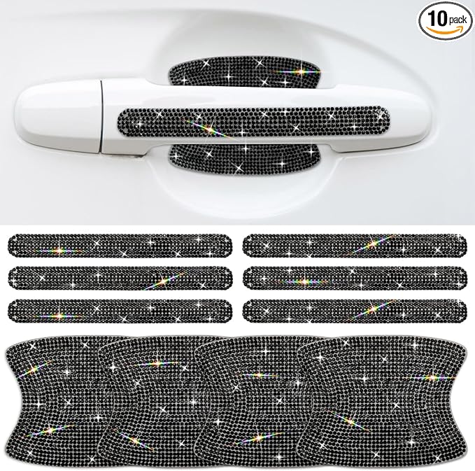 10PCS Car Door Handle Bling Rhinestones Stickers, Black | Universal Auto Door Handle Safety Reflective Strips, Cute and High End Decoration