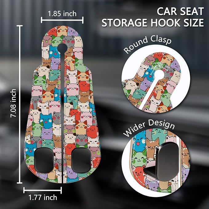 Blusabaca 2PCS Car Seat Back Storage Headrest Hooks, Cute Cats Purse Holder Bags Hanger, PU Leather Double Metal Hook for Backseat Organizer, Women Car Accessories Organization