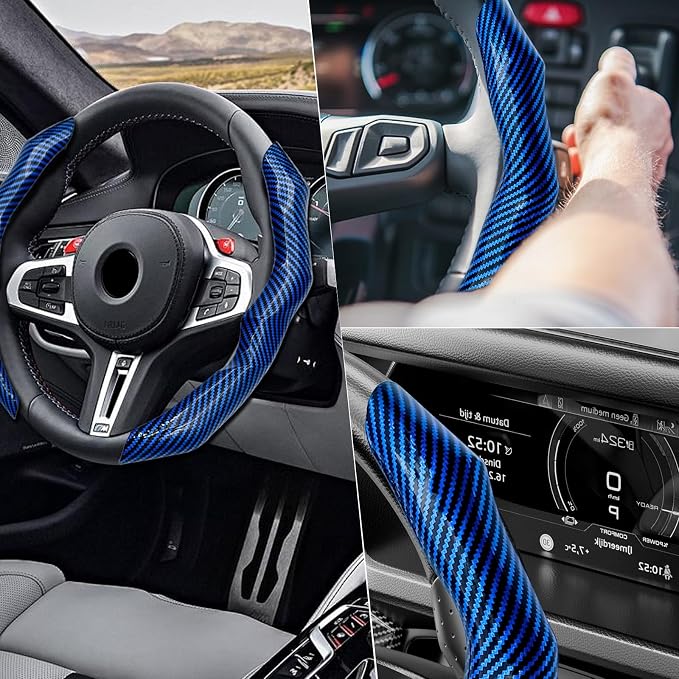 2Pcs Carbon Fiber Steering Wheel Cover, Cool Irregular Shape Grip & Anti-Slip Lining Segmented Design Steering Wheel Protector for Car Interior Accessory, Stylish & Sporty (Blue)