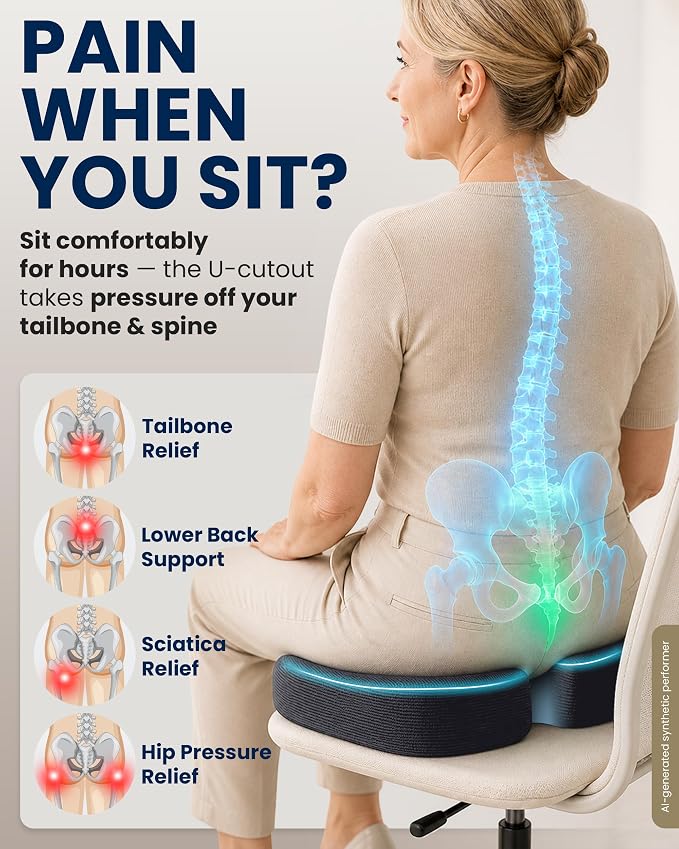 5 STARS UNITED Seat Cushion - Memory Foam Chair Cushion for Tailbone Pain Relief - Ergonomic Support for Coccyx, Sciatica & Butt - Office, Desk & Gaming Chair, Car Seat, Wheelchair, Airplane, D Gray
