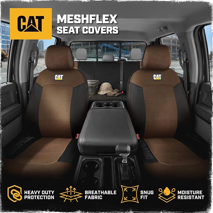 CAT MeshFlex Seat Covers Full Set for Full-Size Pickup Trucks Only - Brown | Front Bucket Seat Covers & 60/40 Split Rear Bench Protector – Interior Accessories For F-150, Silverado, Ram, Sierra & Tundra