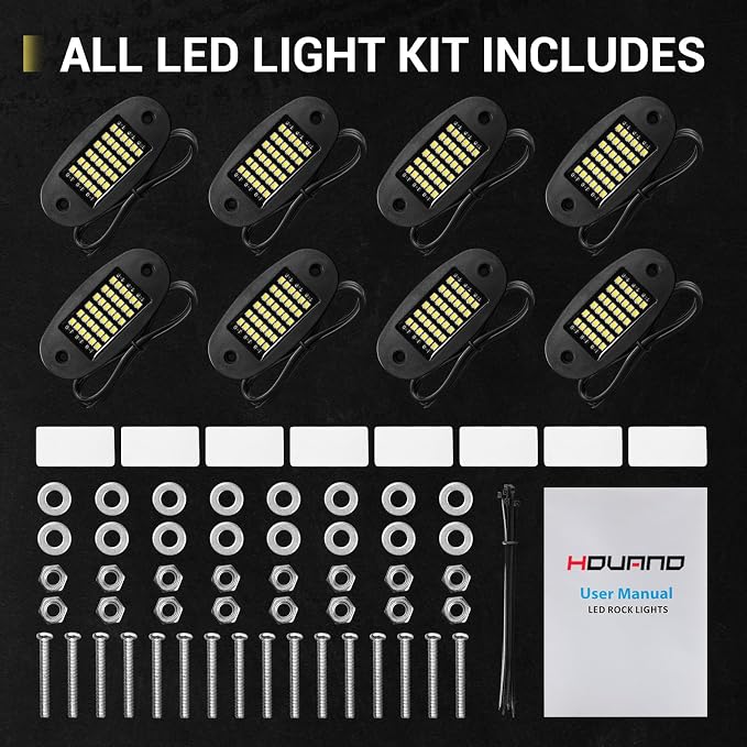 Hovano 8 Pods White Rock Lights 6000K Pure White 36 LEDs SMD Chips Super Bright Neon Underglow Light IP68 Waterproof for Pickup Trucks SUV UTV ATV RZR Car Boats (White)