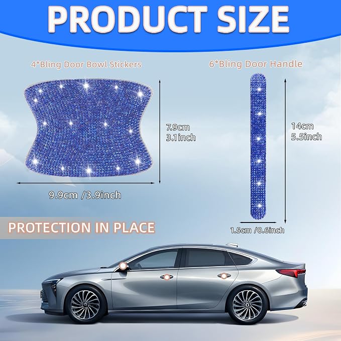 NBTEPEM 10 Pcs Bling Rhinestone Car Door Handle Stickers, Universal Crystal Diamond Glitter Door Handle Protector Decals, Scratch‑Resistant Bling Car Accessories for Women (Blue)