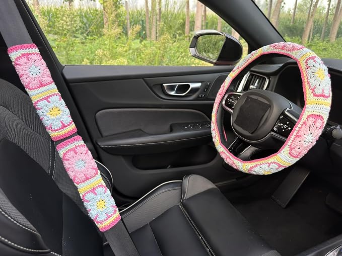 Handmade Crochet Pink Fower Granny Square Car Steering Wheel Covers Universal 14-15 inch for Women and Men (Steer Wheel Cover+ 2 Belt Cover)