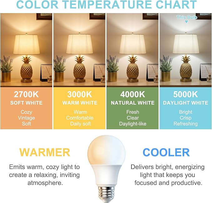 12 Pack A19 LED Light Bulbs, 60W Equivalent, Daylight Light 5000K LED Bulb with E26 Standard Base, Efficient 9W, Non-Dimmable, 800 Lumens, 120V, CRI 85, Eye-Friendly for Bedroom Living Room