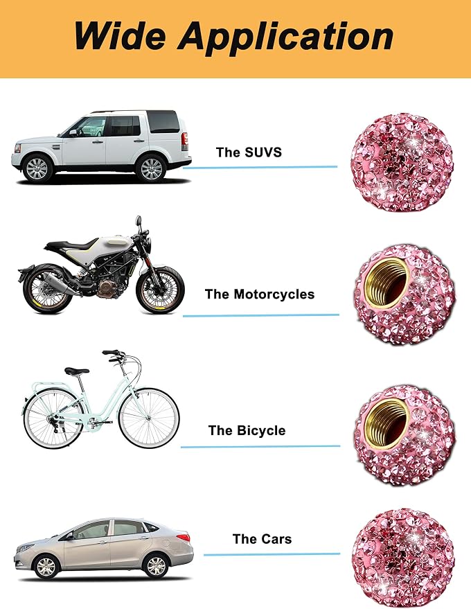 Car Wheel Tire Valve 4 Pack Handmade Crystal Rhinestone Tire Valve Stem Air Caps Cover Bling Car Accessories (Pink)
