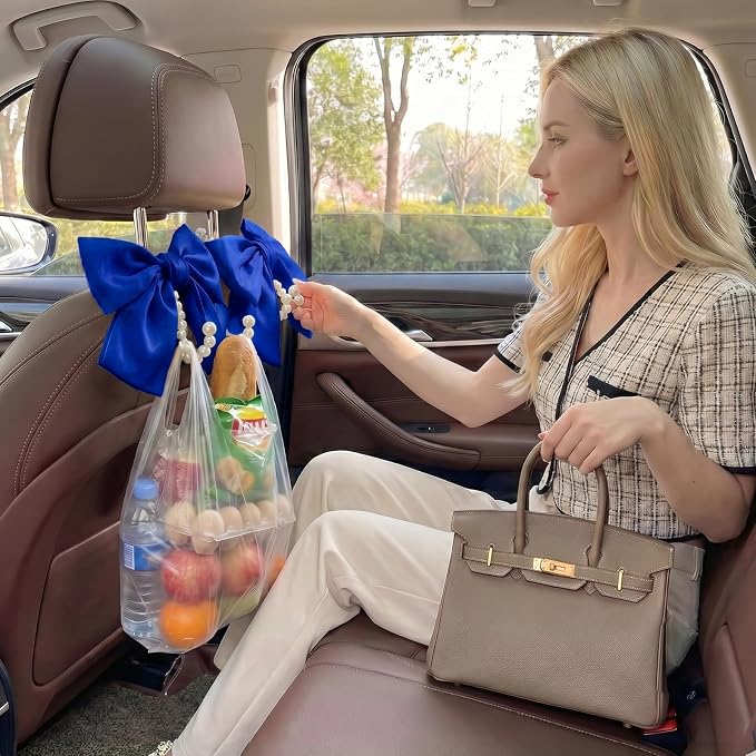 2PCS Satin Bow Pearl Car Seat Headrest Hooks – Car Bag Holder & Vehicle Hanger for Purses – Cute Coquette Aesthetic Interior Decoration – Cute Auto Organizer Accessories Universal (Deep Blue)
