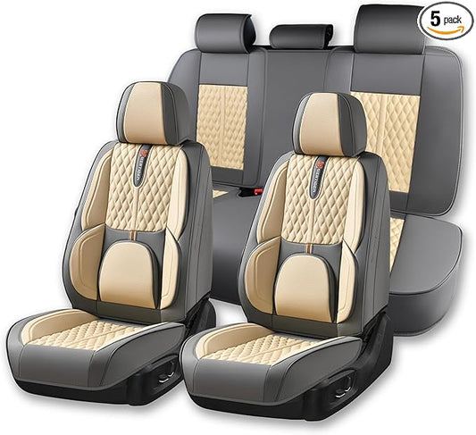 Khaki Car Seat Cover Complete Set, Universal Car Seat Cover for Car with Lumbar Support, Premium Artificial Leather, Waterproof and Easy to Clean, Airbag Compatible, Seat Heating Compatible
