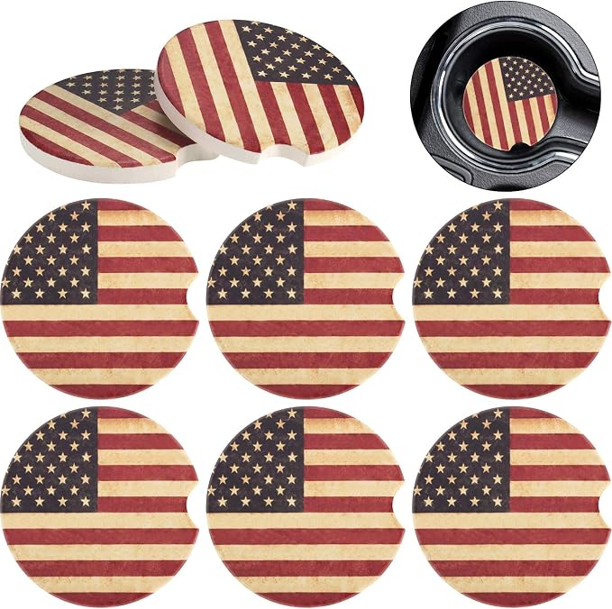 Boao 8 Packs USA Flag Car Cup Coasters Ceramic Car Coasters 2.56 Inch Stone Cupholder Absorbent Coaster Set for Drinks Cup(Red)