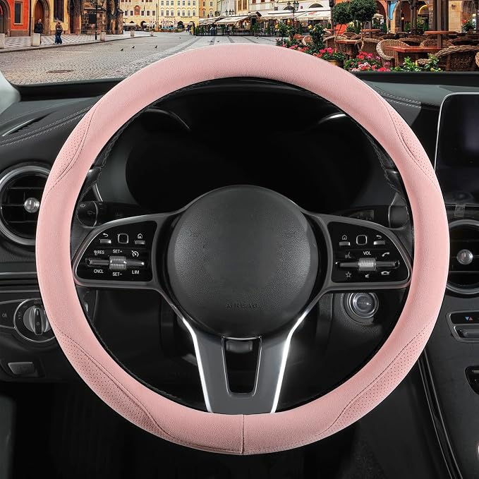 Pink Suede Steering Wheel Cover Universal 14.5 inch to 15 inch | Warm in Winter and Cool in Summer, Felt Car Accessories, Breathable Non-Slip Sweat-Proof Wear-Resistant