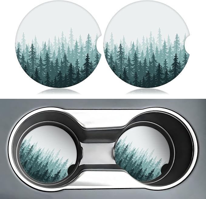 Green Forest Car Coasters for Cup Holders,2 Pack Car Cup Holder Coasters for Car,Ceramic Absorbent Car Coaster with A Finger Notch and Cork Base,Car Interior Accessories for Women Men
