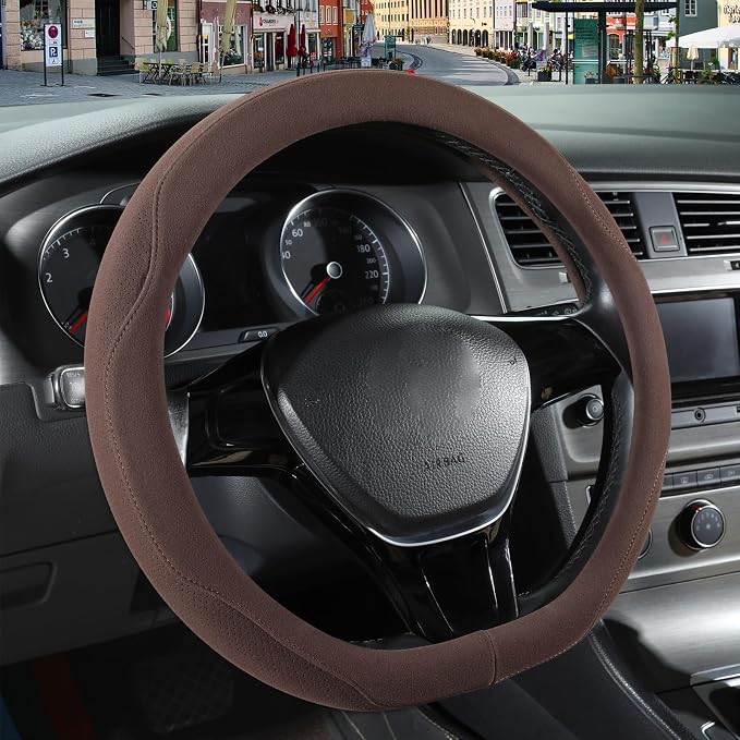 Brown Suede D Shaped Steering Wheel Cover 13.5 inch to 14 inch | Warm in Winter and Cool in Summer, Small Felt Car Accessories, Breathable Non-Slip Sweat-Proof Wear-Resistant