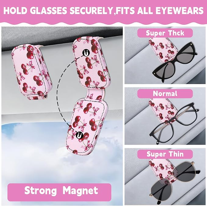 2 Pcs Sunglass Holder and 1Pcs Car Tissue Holder for Car,Magnetic Leather Sunglasses Holder Car Sun Visor Glasses Hanger Clip,Car Interior Accessories for Women(Pink Cherry)