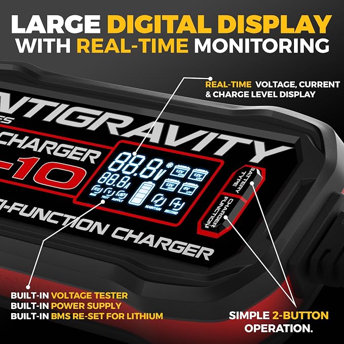 Antigravity SC-10 Super-Charger 10A Smart Battery Charger & Maintainer for 6V/12V Lithium (LiFePO4) & 12V Lead-Acid Batteries – Wall-Powered, LCD Display, Power Supply Mode, BMS Reset