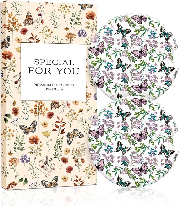Swooflia Floral Absorbent Ceramic Car Coasters Set of 2, Cute Botanical Wildflower Cup Holder Coasters for Car, Purple Butterfly Flower Car Accessories for Women, Unique Gifts for Mom, Friends