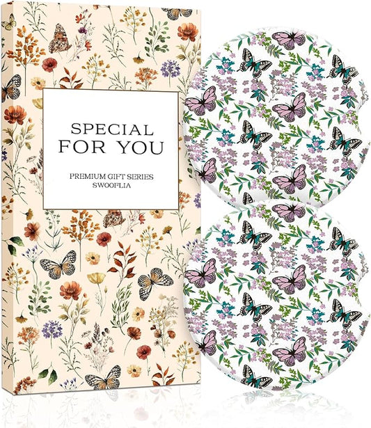 Swooflia Floral Absorbent Ceramic Car Coasters Set of 2, Cute Botanical Wildflower Cup Holder Coasters for Car, Purple Butterfly Flower Car Accessories for Women, Unique Gifts for Mom, Friends