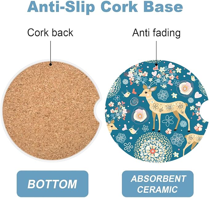 Car Cup Holder Coaster Set of 2, 2.56 in Ceramic Coasters, Scratch-Resistant Cork Backing, Finger Groove Design for Easy Placement, Cute Car Accessories Interior for Women (Blue Fawn)