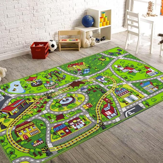 Booooom Jackson Kids Train & City Rug, 2'2" x 3'7" | Non-Slip Washable Play Mat, OEKO-TEX Certified, Train & City Scene, Gift for Toddlers, Classroom & Playroom
