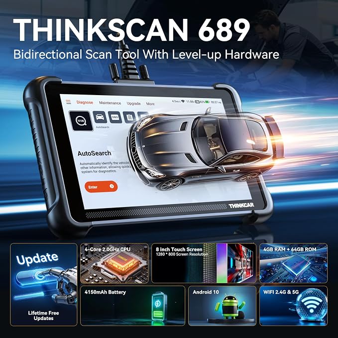 THINKCAR OBD2 Scanner Diagnostic Tool Lifetime Free, ThinkScan 689 Car Scan Tool with 34 Reset Function,Scanner for Car with 3000+ Active Test,Advanced ECU Coding BI-Directional,Autoauth for FCA SGW