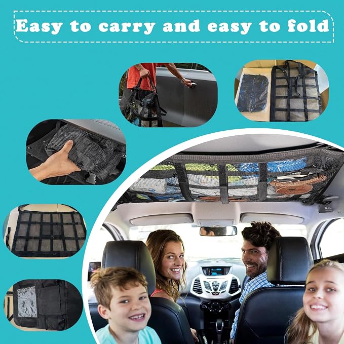 Car Ceiling Cargo Net with Backseat Organizer, Anti-Fall Ceiling Mesh Storage Organizer, Double Layer Cargo Net, Heavy Duty Load Capacity Roof Net Inside Car, Easy-to-Install & Reduce Sagging.