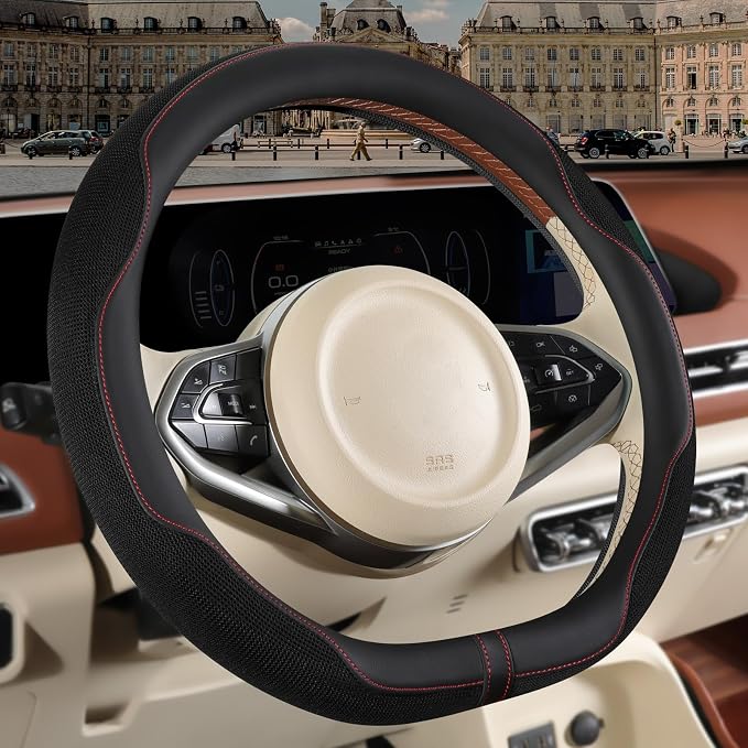 Nappa Leather Black D Shaped Steering Wheel Cover 15 inch | Non-Slip Breathable Microfiber Leather Ice Silk Fabric, Warm in Winter and Cool in Summer Universal 14.5 inch to 15 inch
