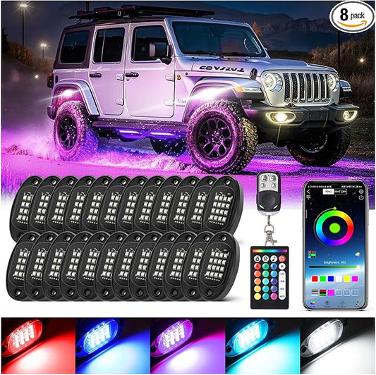 24 Pods RGB LED Rock Lights for Semi Trucks Offroad Pickup Trailer Sedan Boat, 12V Waterproof Dual Zone APP/RF Control Music Mode Brake Light Red Green Blue Underglow Neon Kit with Extension Wires