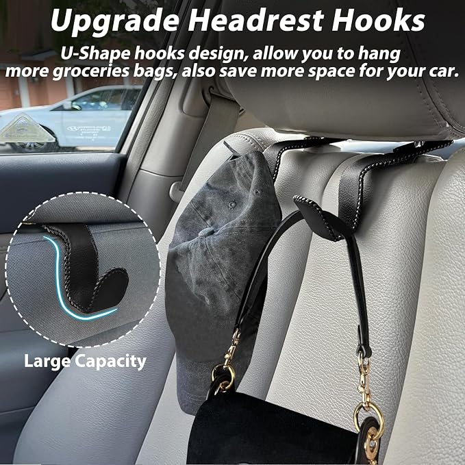 Purse Hook for Car Seat Headrest, Seat Back Storage Hook | Premium Stitched Leather, Holds 55lbs, Universal Car Trip Essentials, For Hanging Handbags Groceries Backpack