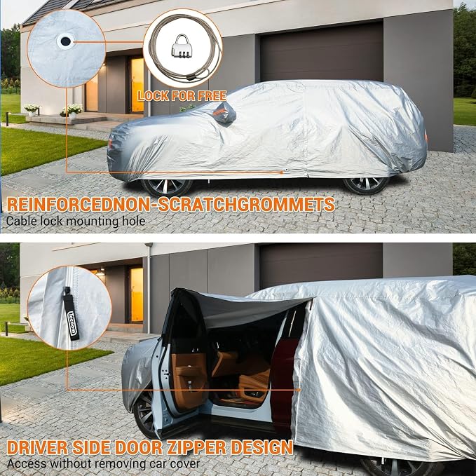 Tecoom Waterproof SUV Car Cover, Fleece Lined Outdoor Winter Cover with Zipper Door & Lock, Wind Snow Sun UV All Weather Protection, Fit for SUV (216"–230")