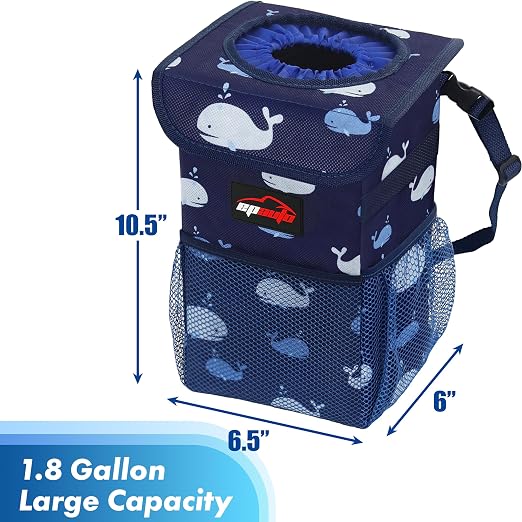 EPAuto Waterproof Car Trash Can with Lid and Pockets, 1.8 Gal, Blue | Leakproof, Collapsible Multipurpose Car Bin with 3 Side Storage Pockets, Adjustable Straps