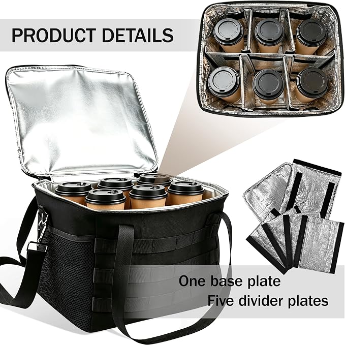 Tactical Reusable 6 Cups Drink Carrier,Insulated Caddy Foldable Cup Holder | MOLLE System,Clear order window. 6 adjustable dividers.Tip-Resistant No-Spill,For Car, Camping, Travel,Delivery