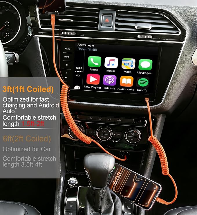 USB C to C Cable [3FT+6FT], Coiled USB C Fast Charging Cable for CarPlay | 2Pack iPhone USB-C Cable/Android Auto USB C Cord USB Type-C Cable for iPhone 17/16/15/Pro Max/Galaxy S26 S25 and More-Orange
