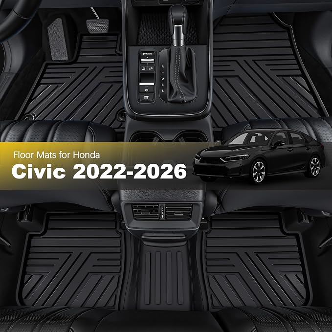 Rubber Floor Mats for Honda Civic Sedan Hatchback Si 2022-2026 | Include Sport but Not for Hybrid, All Weather Car Floor Liners Also Fit for Acura Integra 2023-2026, 1st & 2nd Row, Black