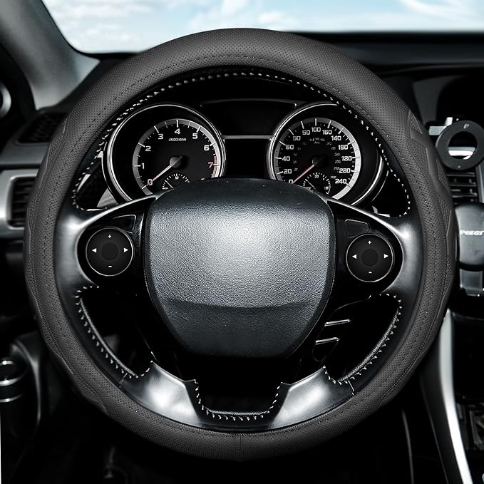 Steering Wheel Cover with Anti-Slip Leather Grip Compatible with Ford, Toyota, Honda, Nissan, and Chevrolet Vehicles for 14.5-15.35 inch Round Steering Wheels Universal Car Accessories
