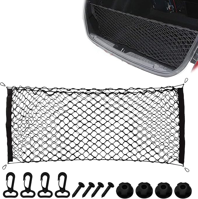 Car Cargo Nets Trunk Organizer, Adjustable Elastic Storage Mesh Double Layer with Hooks, Rear Cargo Net Accessories for Cars Trucks SUVs, Stretchable Heavy Duty Vehicle Organizer 35.4 x 15.7 Inch
