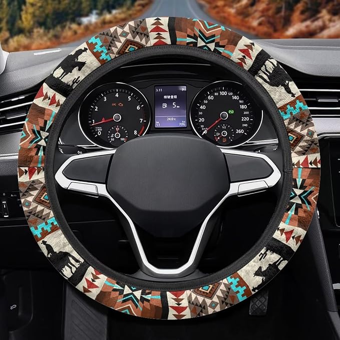 Wanyint Car Steering Wheel Cover, 15 Inch Soft Breathable Steering Wheel Protector for Women Men, Universal Fit for SUV Sedan Van Truck, Aztec Horse Cowboy Cactus
