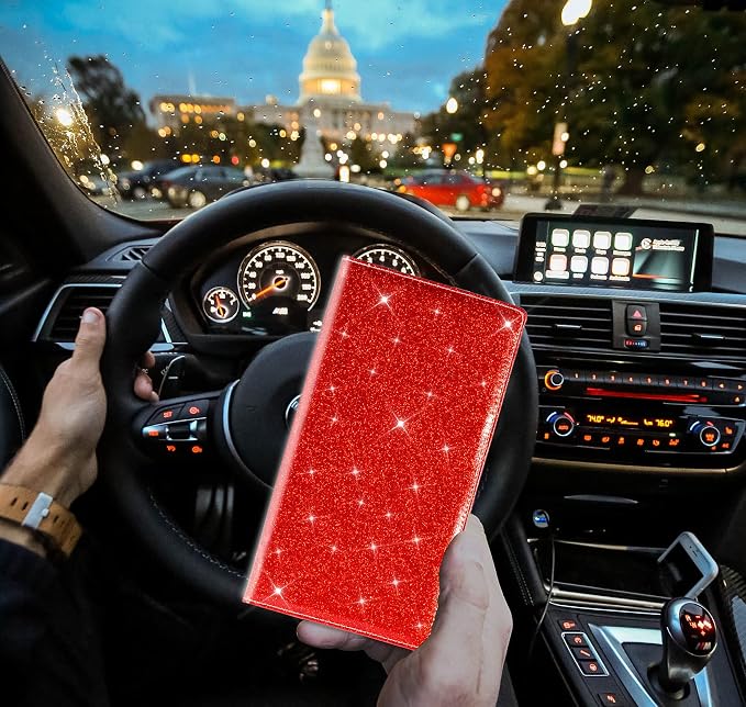 TOURSUIT Car Registration & Insurance Card Holder, Glitter Red | Vehicle License Document Organizer, Glove Box Compartment, Interior Car Accessories, For Women Men