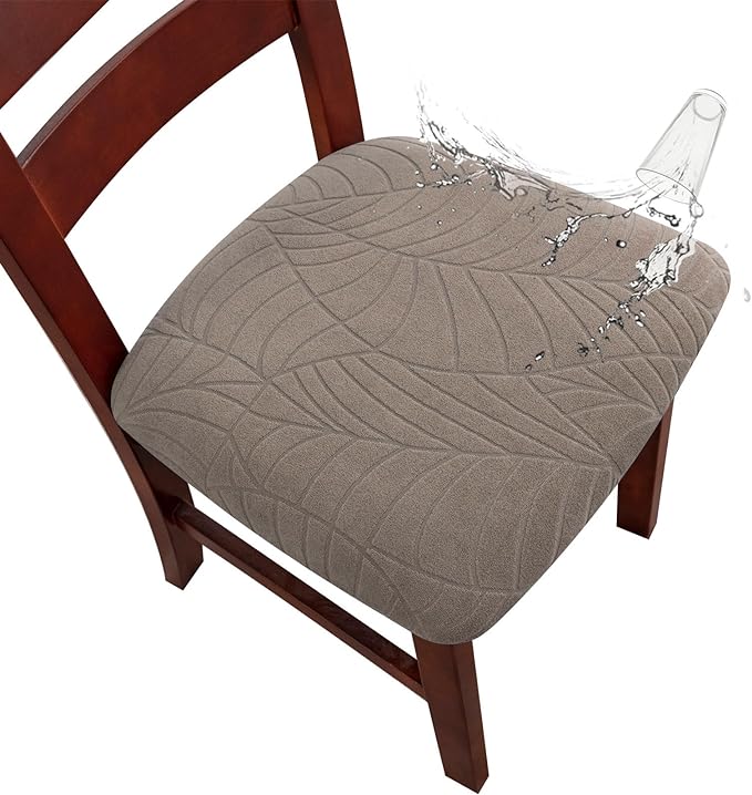 Genina Waterproof Seat Covers for Dining Room Chairs, Stretch Chair Seat Covers Removable Washable Dinning Room Kitchen Chair Cushion Slipcovers (Leaves-Taupe, 2 PCS)