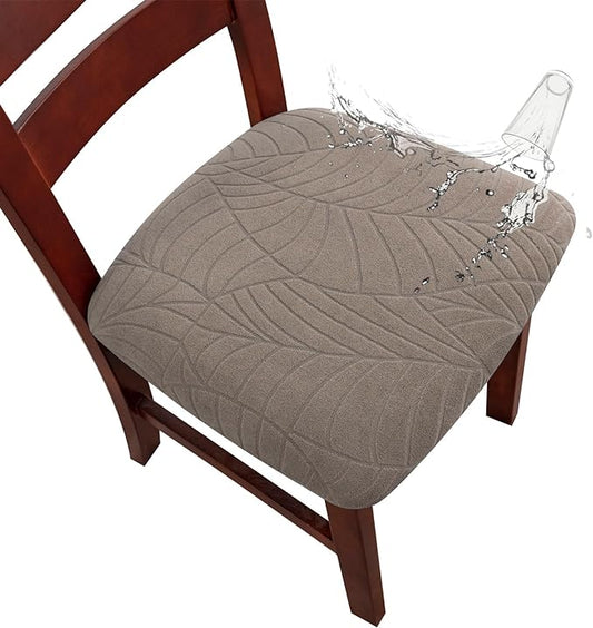 Genina Waterproof Seat Covers for Dining Room Chairs, Stretch Chair Seat Covers Removable Washable Dinning Room Kitchen Chair Cushion Slipcovers (Leaves-Taupe, 2 PCS)
