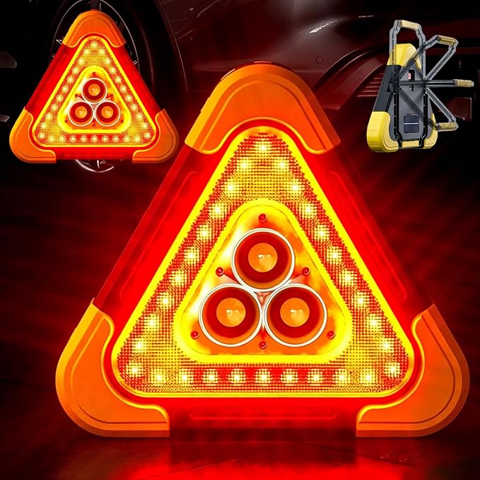 2026 New 3-in-1 Solar Emergency Triangle Warning Light at the Roadside, Portable LED Roadside Triangles with USB Rechargeable, Waterproof Hazard Reflector for Car Breakdowns (2Sets, 9.45*10.63inch)