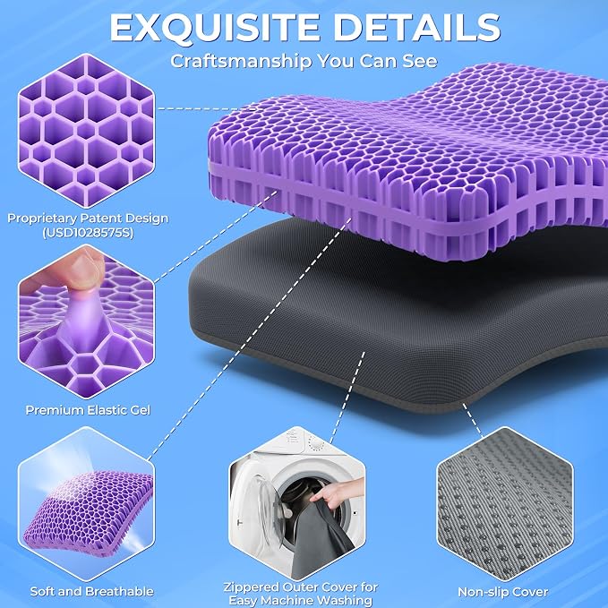 TushGuard Gel Seat Cushion for Long Sitting, Enlarged & Thickened Patent Design, Breathable Cooling Chair Pad for Office, Soft Car Seat Cushion for Wheelchair (2.2" Thick, Black)