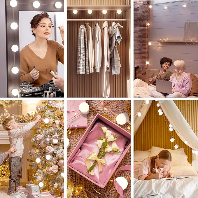 LED Vanity Mirror Lights,Hollywood Style 14 Dimmable Bulbs Stick On for Makeup Dressing Lighting,Adjustable Color Temp & Brightness,USB Cable